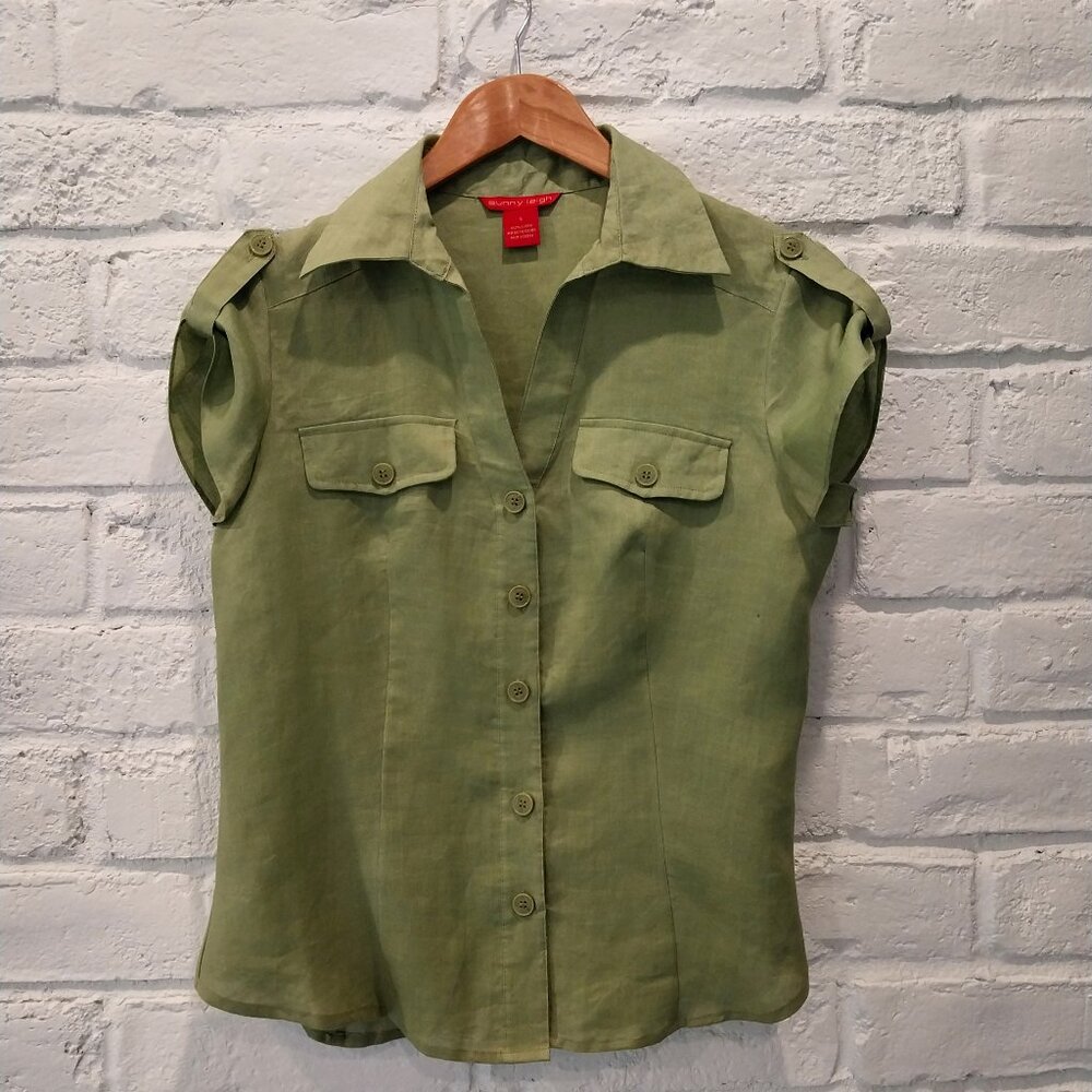 Sunny Leigh 100% Linen Blouse Womens Small Green Short Roll Tab Sleeve Collared